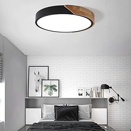 Lampara decorativa de disco de techo negra y madera circular, 3 tonos de luz, 50cm