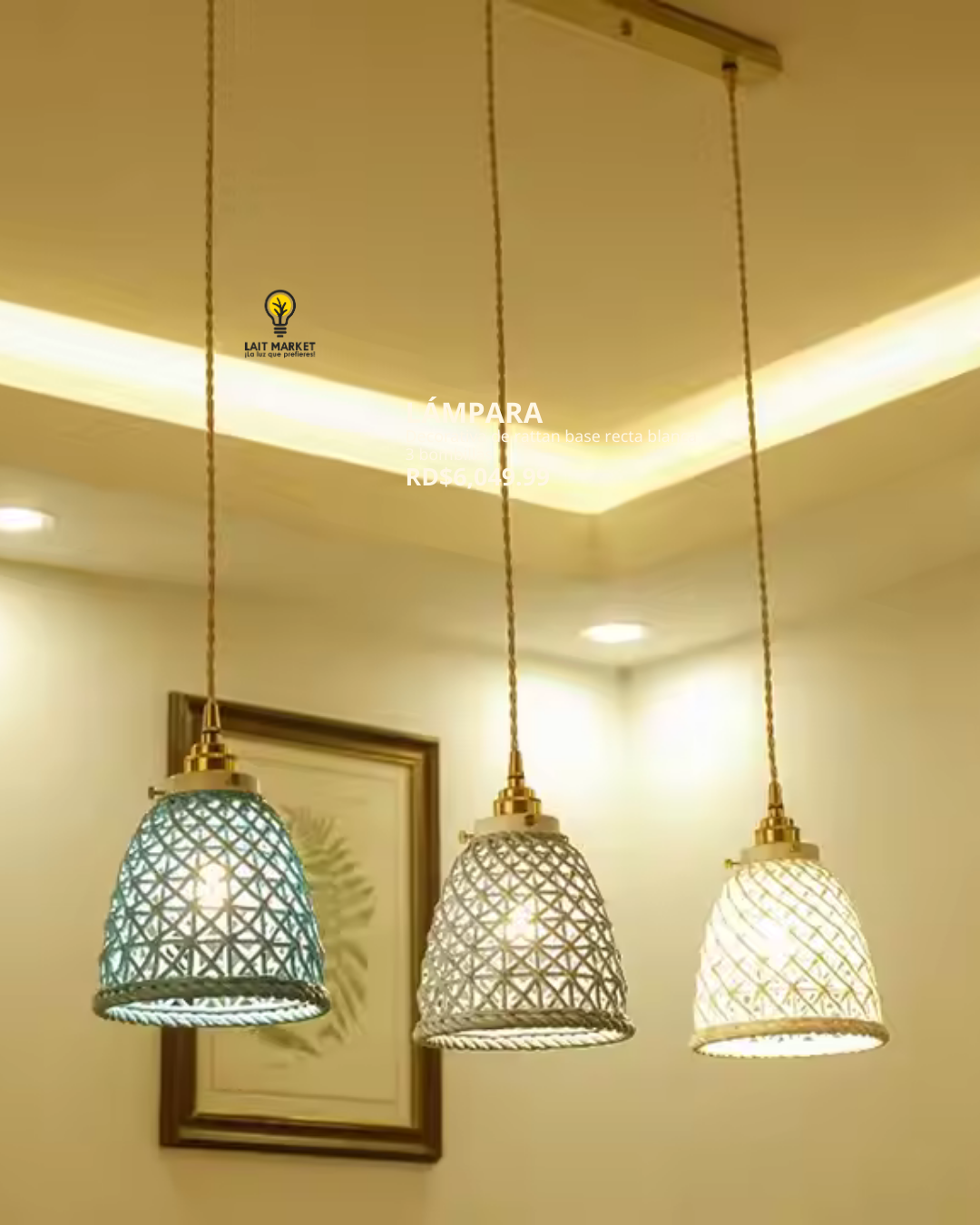 Lampara decorativa de rattan base rectn 3 sockets